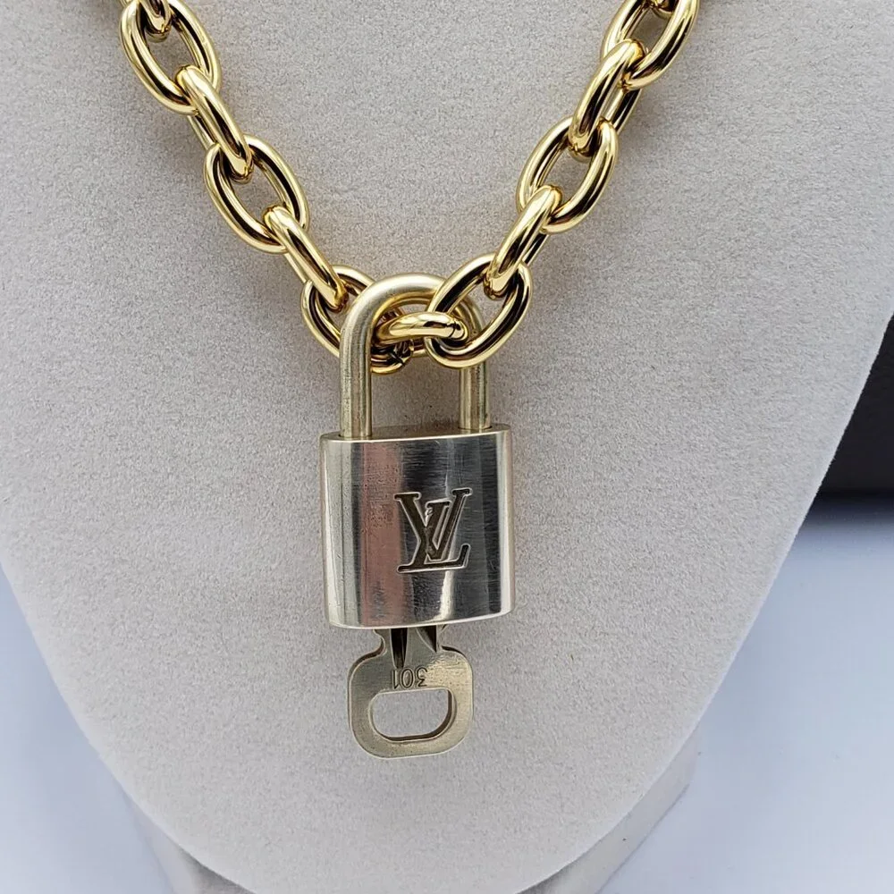 Authentic Louis Vuitton Gold Padlock w/Unbranded Stainless Steel Chain Necklace